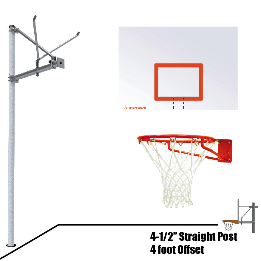 JayPro Sports Basketball System - Straight Post (4-1/2 in. Pole with 4 ft. Offset) - 60 in. Steel Backboard - Super Goal