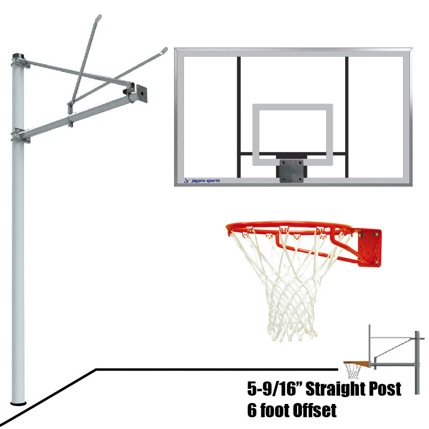 JayPro Sports Basketball System - Straight Post (5-9/16 in. Pole with 6 ft. Offset) - 72 in. Acrylic Backboard - Super Goal