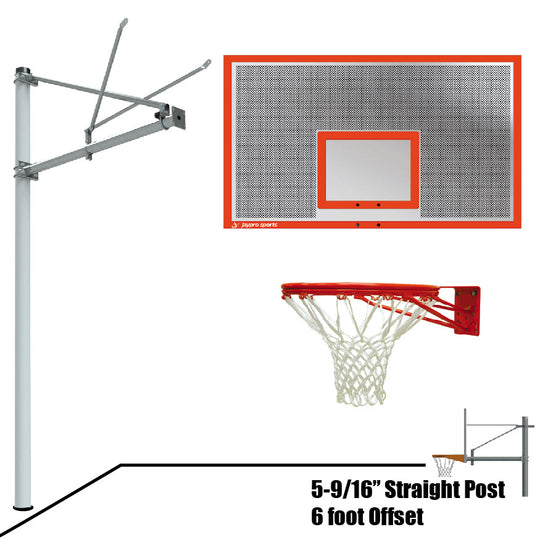 JayPro Sports Basketball System - Straight Post (5-9/16 in. Pole with 6 ft. Offset) - 72 in. Perforated  Aluminum Backboard - Double Rim