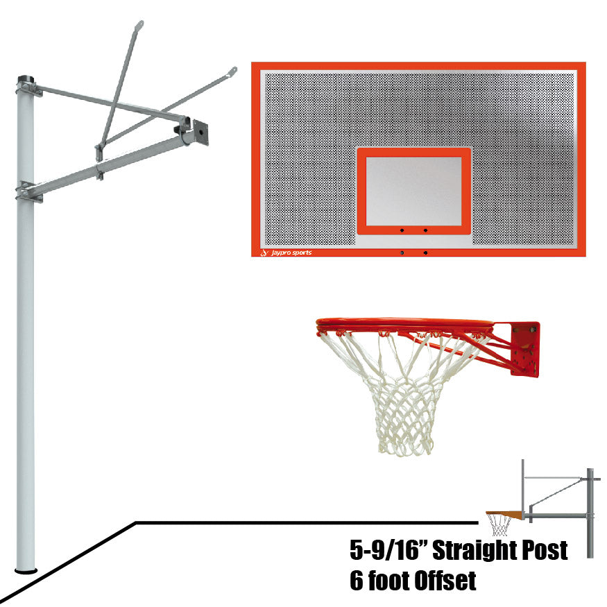 JayPro Sports Basketball System - Straight Post (5-9/16 in. Pole with 6 ft. Offset) - 72 in. Perforated  Aluminum Backboard - Double Rim