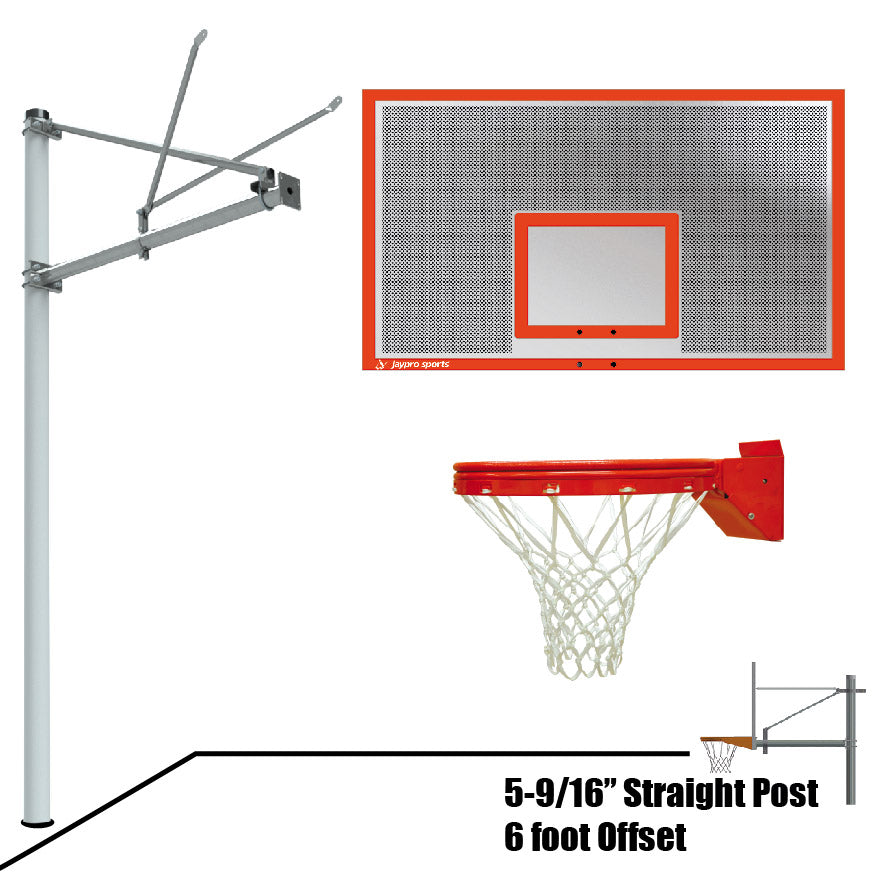 JayPro Sports Basketball System - Straight Post (5-9/16 in. Pole with 6 ft. Offset) - 72 in. Perforated  Aluminum Backboard - Playground Breakaway Goal