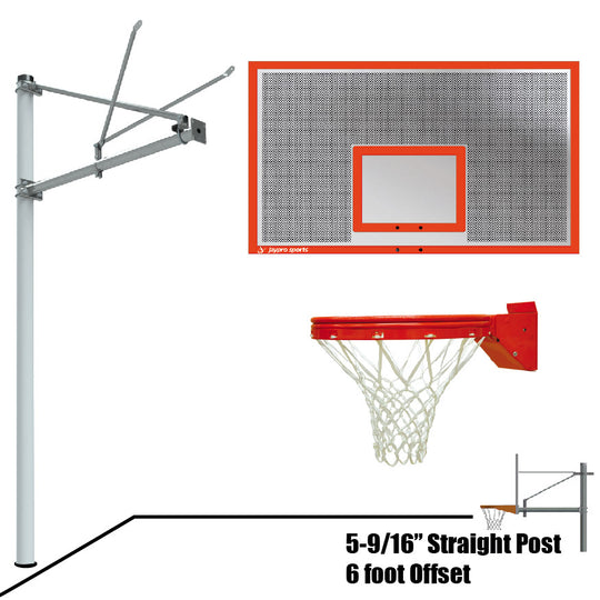 JayPro Sports Basketball System - Straight Post (5-9/16 in. Pole with 6 ft. Offset) - 72 in. Perforated  Aluminum Backboard - Playground Breakaway Goal