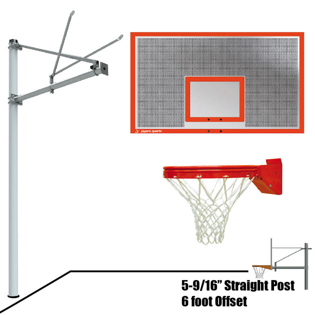 JayPro Sports Basketball System - Straight Post (5-9/16 in. Pole with 6 ft. Offset) - 72 in. Perforated  Aluminum Backboard - Playground Breakaway Goal