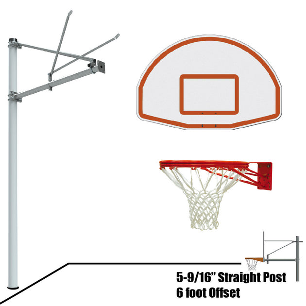 JayPro Sports Basketball System - Straight Post (5-9/16 in. Pole with 6 ft. Offset) - 54 in. Aluminum Fan Backboard - Double Rim