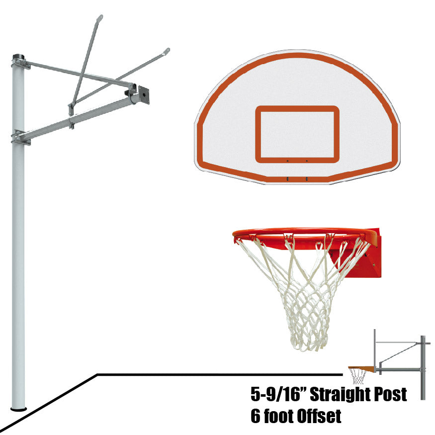 JayPro Sports Basketball System - Straight Post (5-9/16 in. Pole with 6 ft. Offset) - 54 in. Aluminum Fan Backboard - Flex Rim Goal