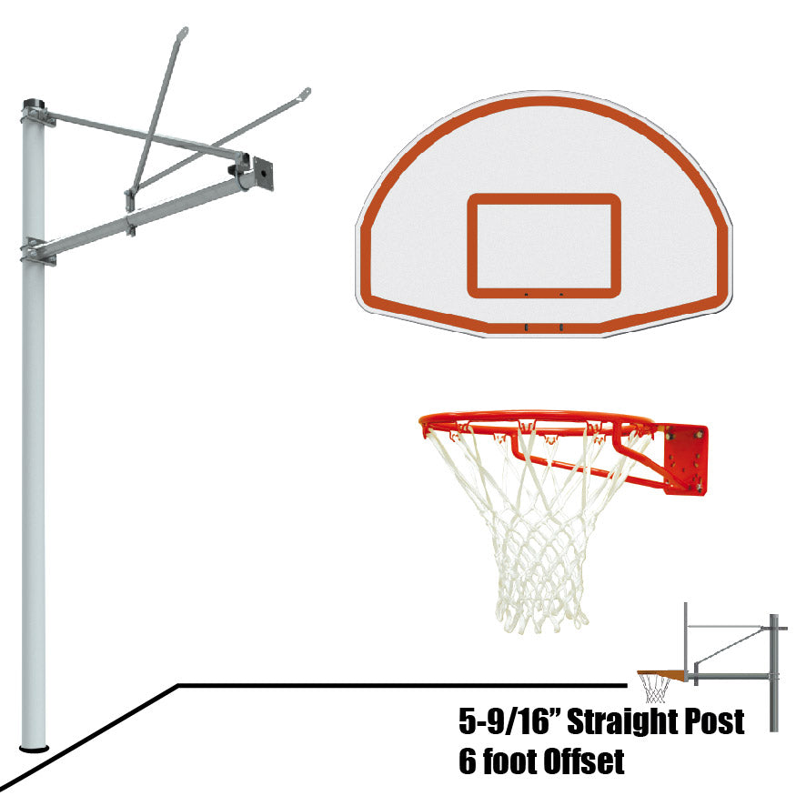 JayPro Sports Basketball System - Straight Post (5-9/16 in. Pole with 6 ft. Offset) - 54 in. Aluminum Fan Backboard - Super Goal