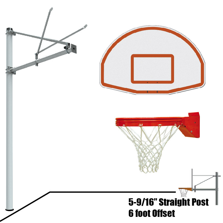 JayPro Sports Basketball System - Straight Post (5-9/16 in. Pole with 6 ft. Offset) - 54 in. Aluminum Fan Backboard - Playground Breakaway Goal