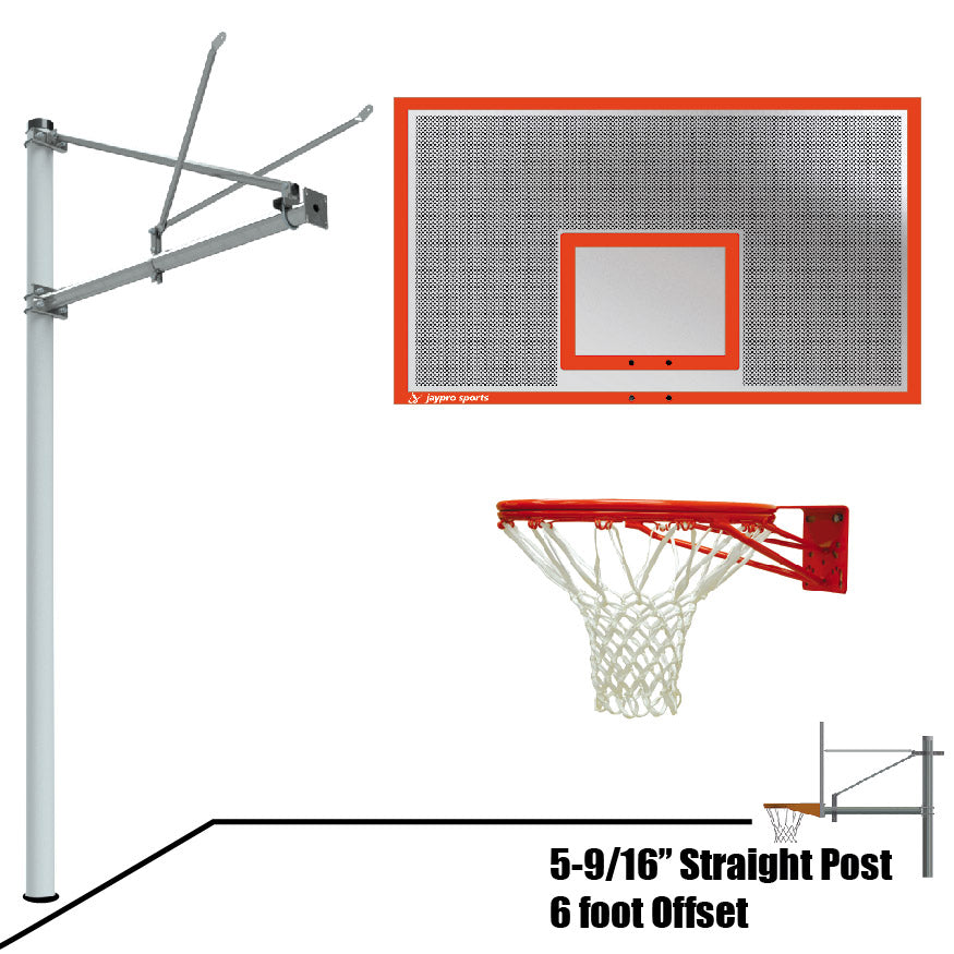 JayPro Sports Basketball System - Straight Post (5-9/16 in. Pole with 6 ft. Offset) - 72 in. Perforated  Steel Backboard - Double Rim