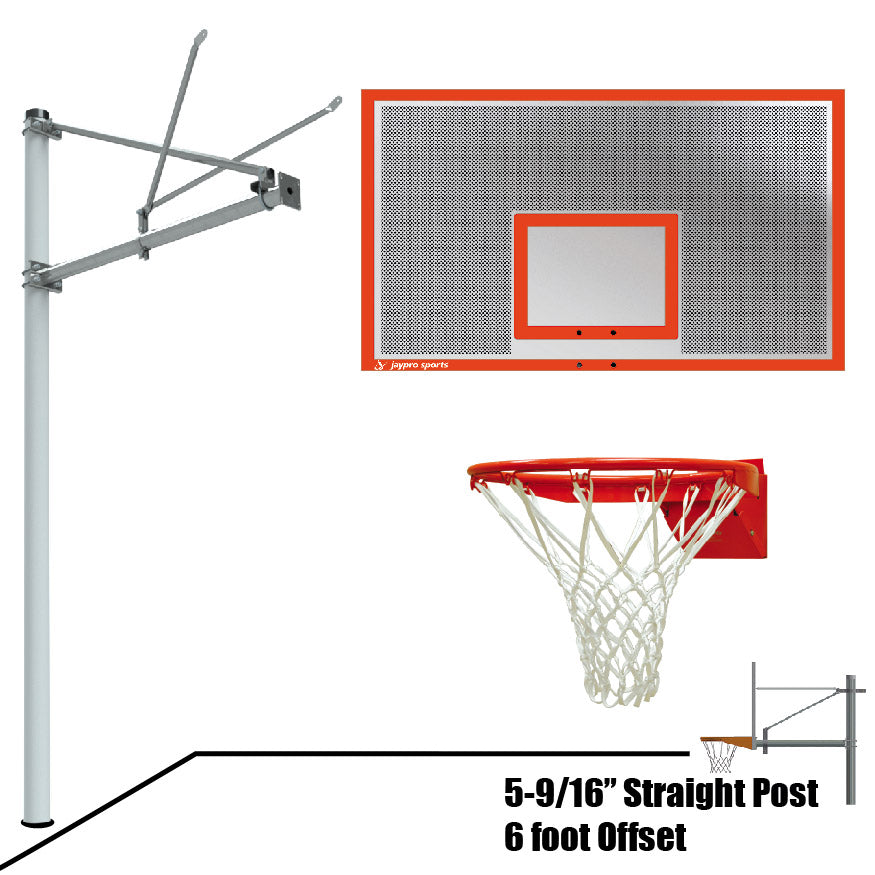 JayPro Sports Basketball System - Straight Post (5-9/16 in. Pole with 6 ft. Offset) - 72 in. Perforated  Steel Backboard -Flex Rim Goal