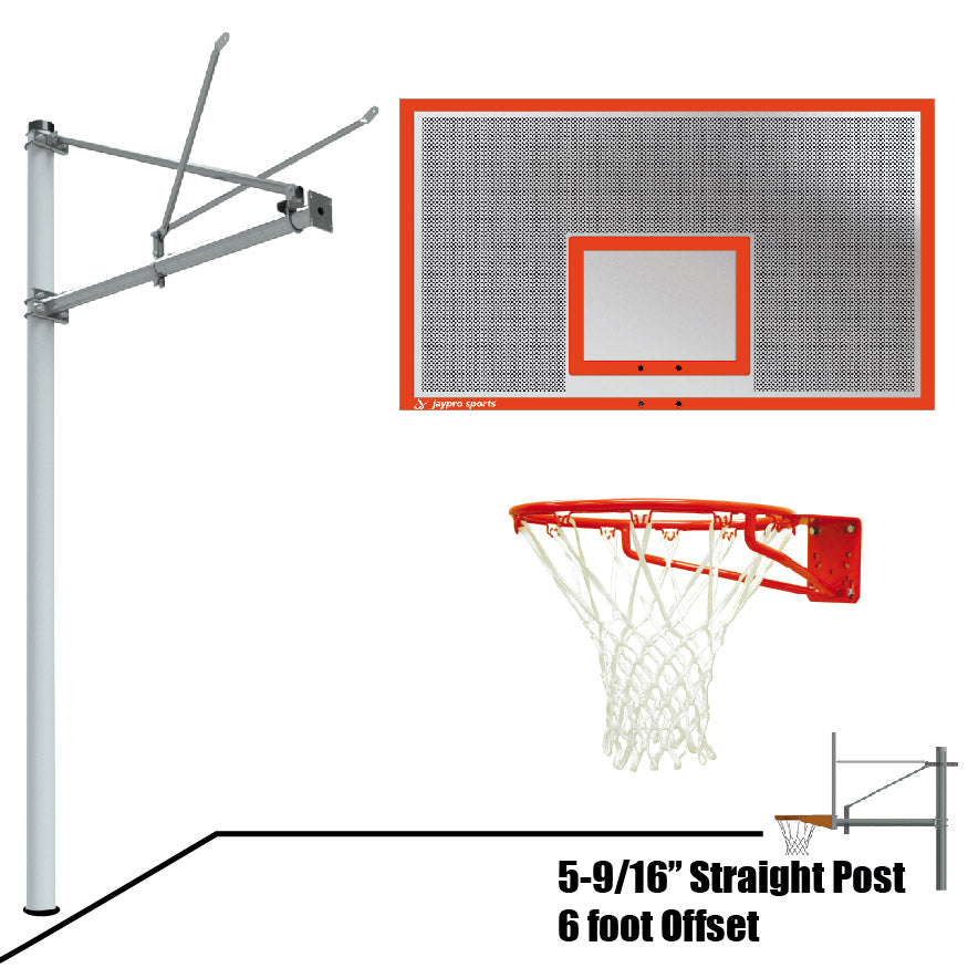 JayPro Sports Basketball System - Straight Post (5-9/16 in. Pole with 6 ft. Offset) - 72 in. Perforated  Steel Backboard - Super Goal