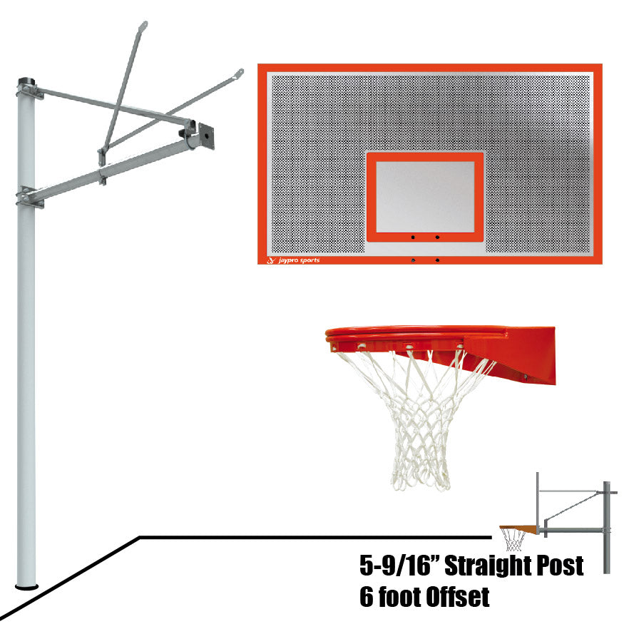 JayPro Sports Basketball System - Straight Post (5-9/16 in. Pole with 6 ft. Offset) - 72 in. Perforated  Steel Backboard - Playground Goal