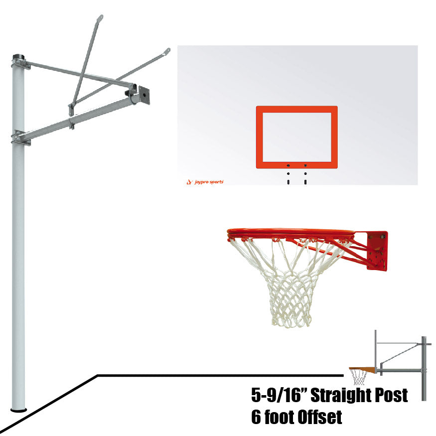 JayPro Sports Basketball System - Straight Post (5-9/16 in. Pole with 6 ft. Offset) - 72 in. Steel Backboard - Double Rim