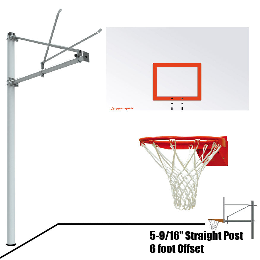 JayPro Sports Basketball System - Straight Post (5-9/16 in. Pole with 6 ft. Offset) - 72 in. Steel Backboard - Flex Rim Goal