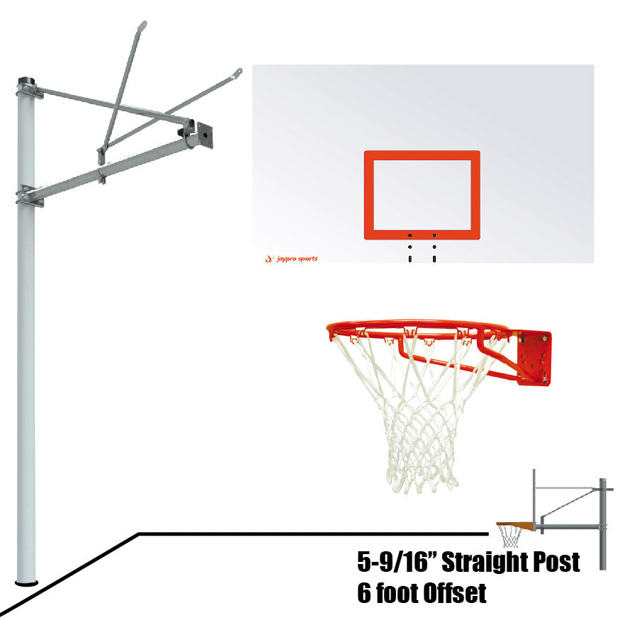 JayPro Sports Basketball System - Straight Post (5-9/16 in. Pole with 6 ft. Offset) - 72 in. Steel Backboard - Super Goal