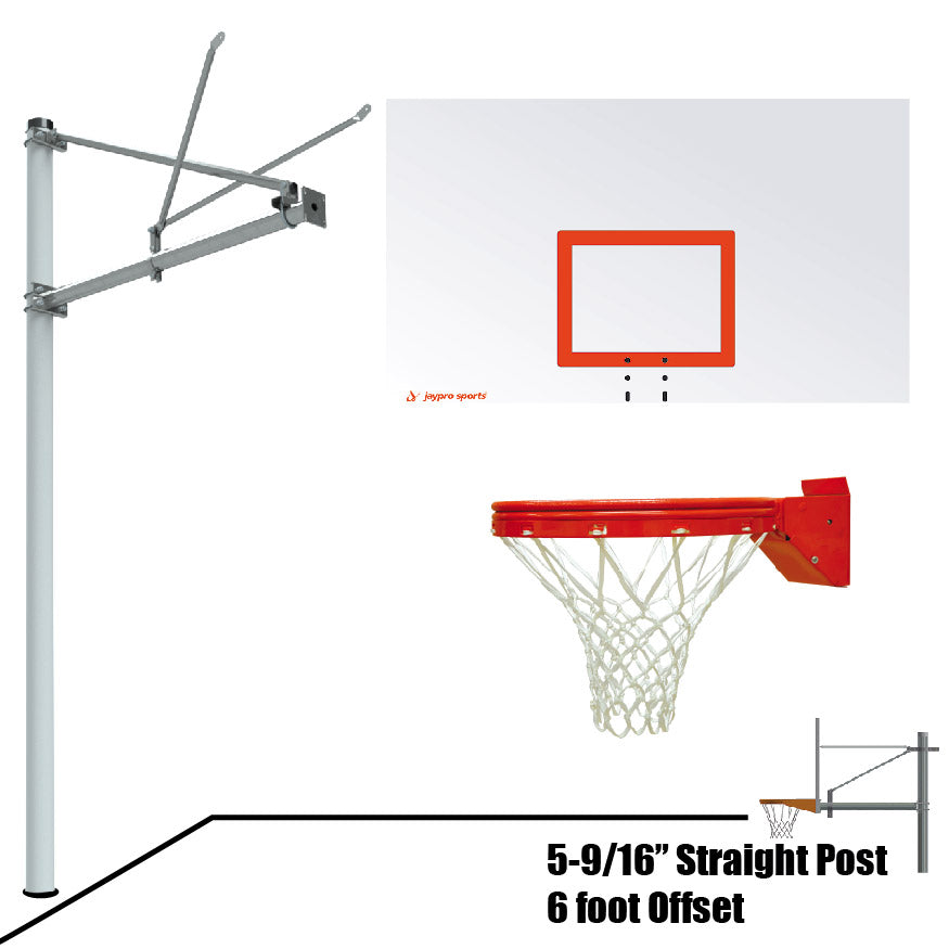 JayPro Sports Basketball System - Straight Post (5-9/16 in. Pole with 6 ft. Offset) - 72 in. Steel Backboard - Playground Breakaway Goal