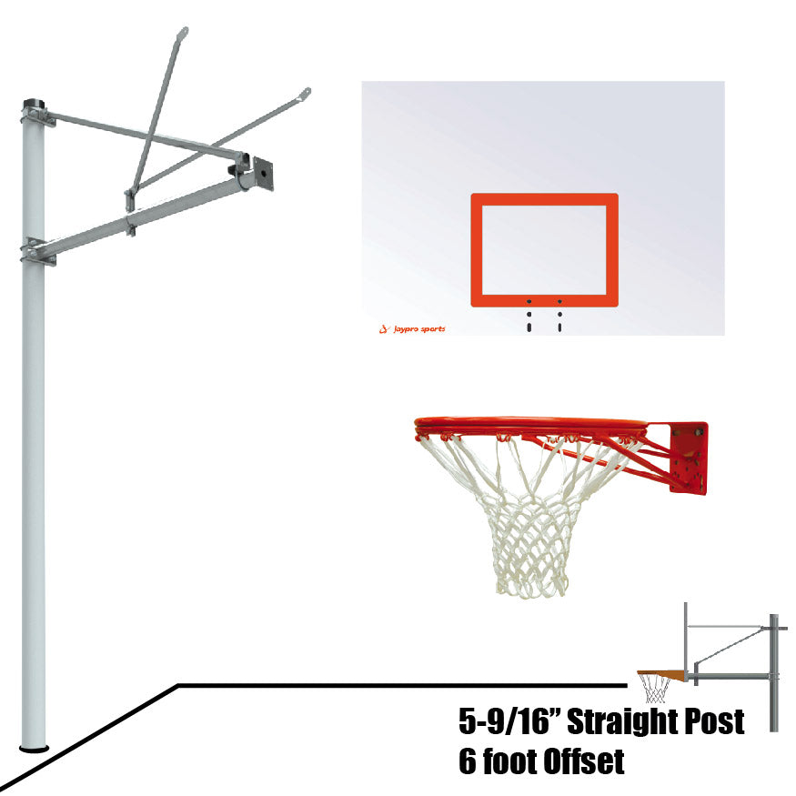 JayPro Sports Basketball System - Straight Post (5-9/16 in. Pole with 6 ft. Offset) - 60 in. Steel Backboard - Double Rim