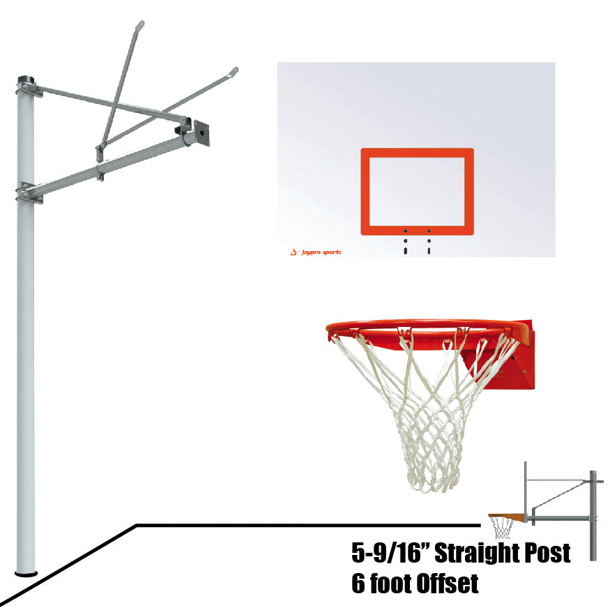 JayPro Sports Basketball System - Straight Post (5-9/16 in. Pole with 6 ft. Offset) - 60 in. Steel Backboard - Flex Rim Goal