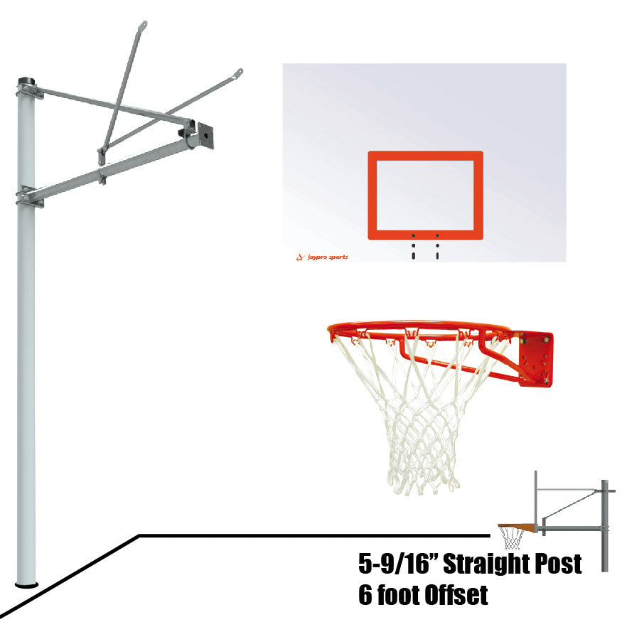 JayPro Sports Basketball System - Straight Post (5-9/16 in. Pole with 6 ft. Offset) - 60 in. Steel Backboard - Super Goal