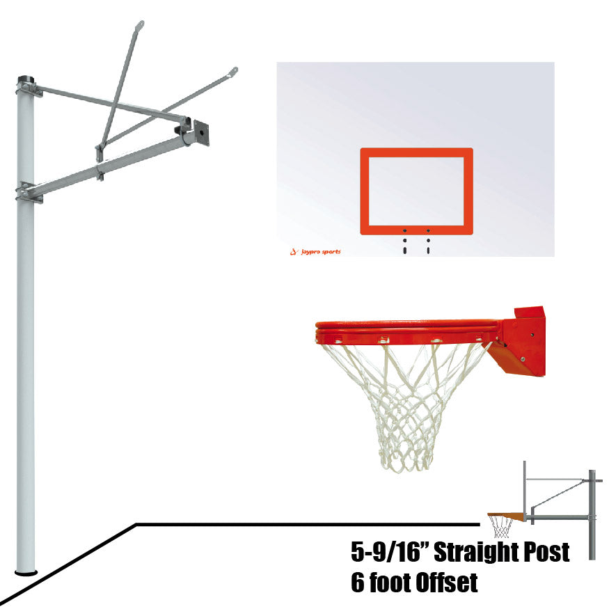JayPro Sports Basketball System - Straight Post (5-9/16 in. Pole with 6 ft. Offset) - 60 in. Steel Backboard - Playground Breakaway Goal