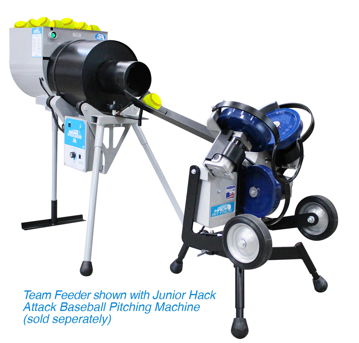 Baseball pitching machine with team feeder attachment on a white background