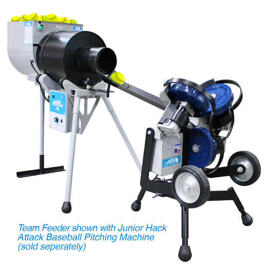 Baseball pitching machine with team feeder attachment on a white background