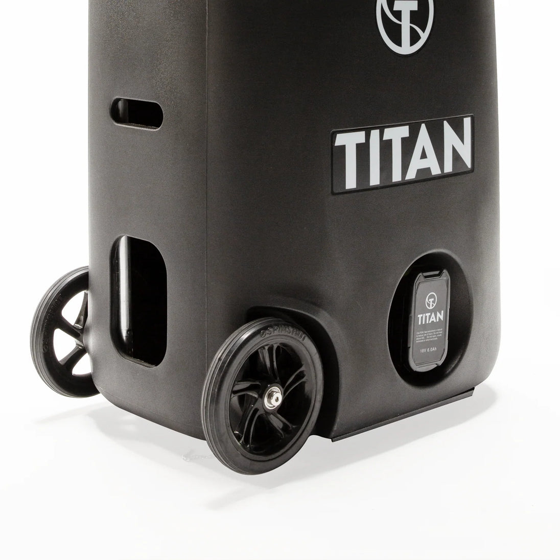 Black portable speaker with 'TITAN' branding on a white background
