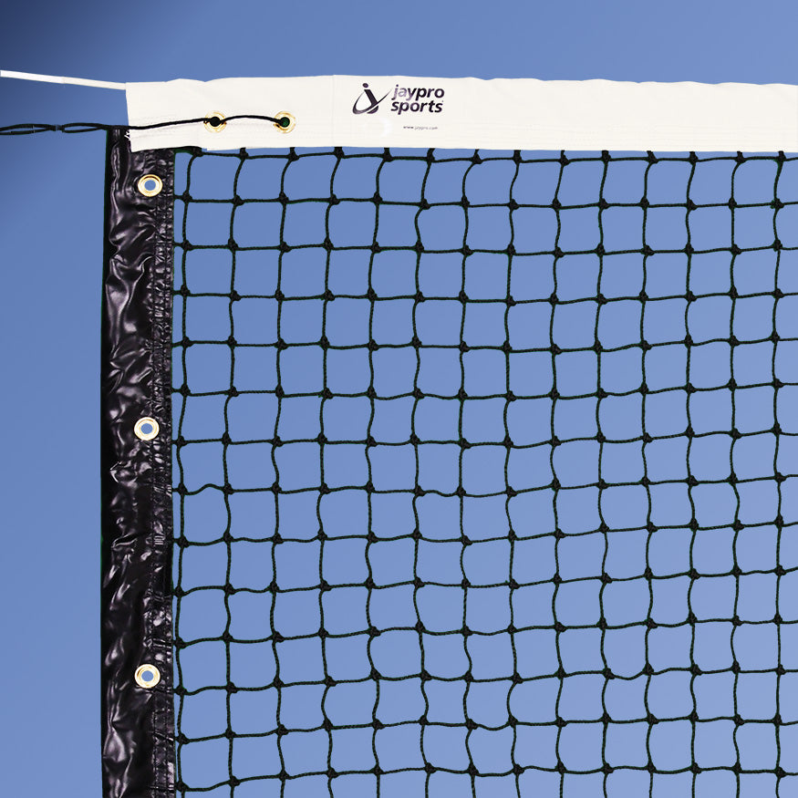 JayPro Sports Tennis Replacement Net with Center Strap (1-3/4 in. Sq. - 3mm Polyethylene Knotted Mesh) (Outdoor) - Collegiate Tennis Net (42 ft.L x 42 in.H) (Black)