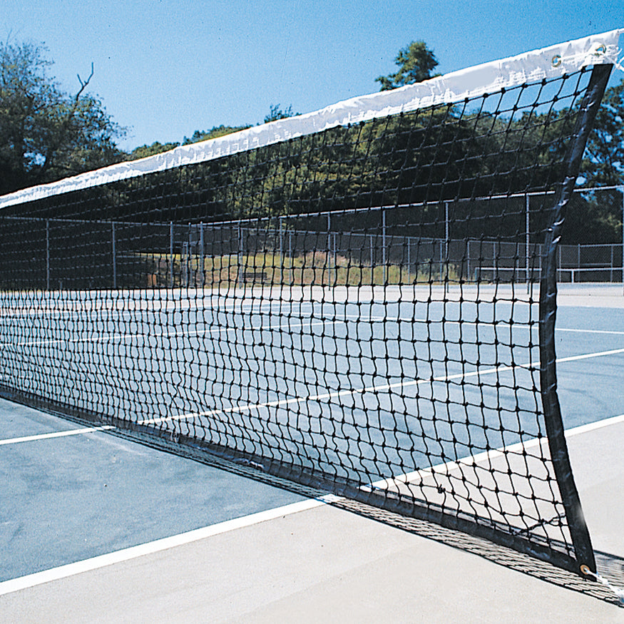 JayPro Sports Tennis Replacement Net with Center Strap (1-3/4 in. Sq. - 3mm Polyethylene Knotted Mesh) (Outdoor) - Collegiate Tennis Net (42 ft.L x 42 in.H) (Black)
