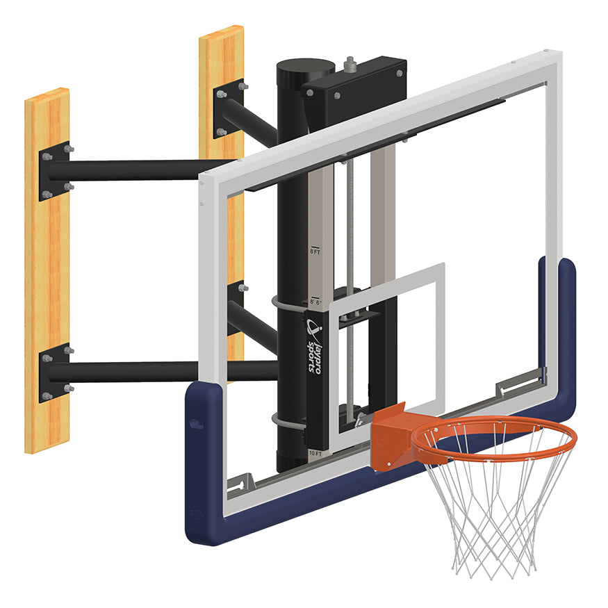 JayPro Sports Basketball System - Wall-Mounted - Shooting Station - Adjustable Height (Indoor) - 72 in. Glass Backboard, Contender Series Breakaway Goal