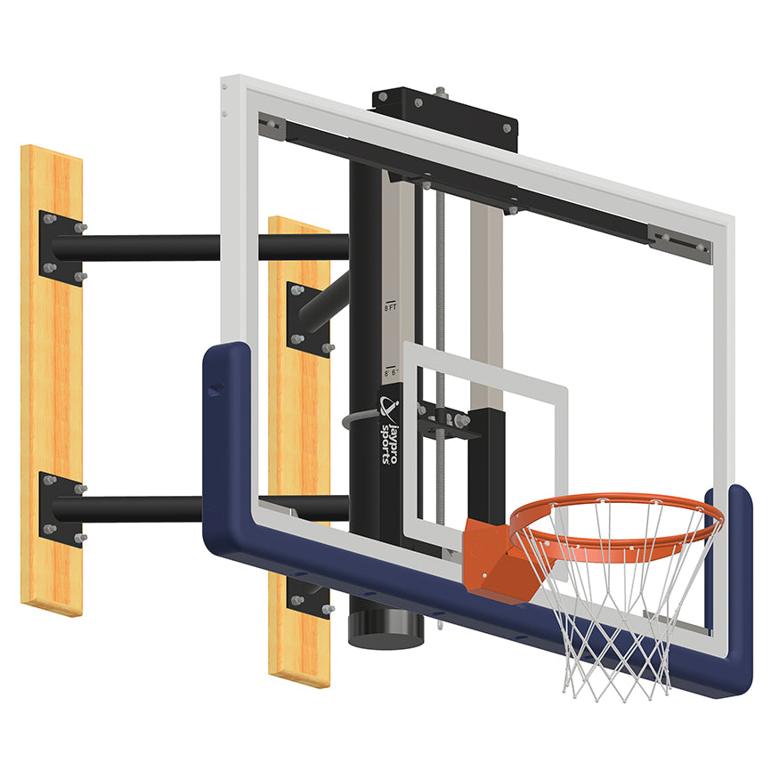 JayPro Sports Basketball System - Wall-Mounted - Shooting Station - Adjustable Height (Indoor) - 72 in. Glass Backboard, Contender Series Breakaway Goal
